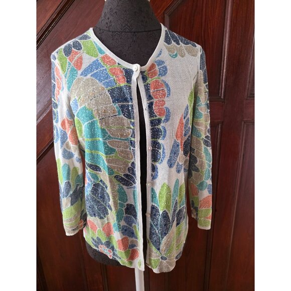 Alfred Dunner Petite Cardigan With Beaded Floral Pattern - Picture 1 of 9